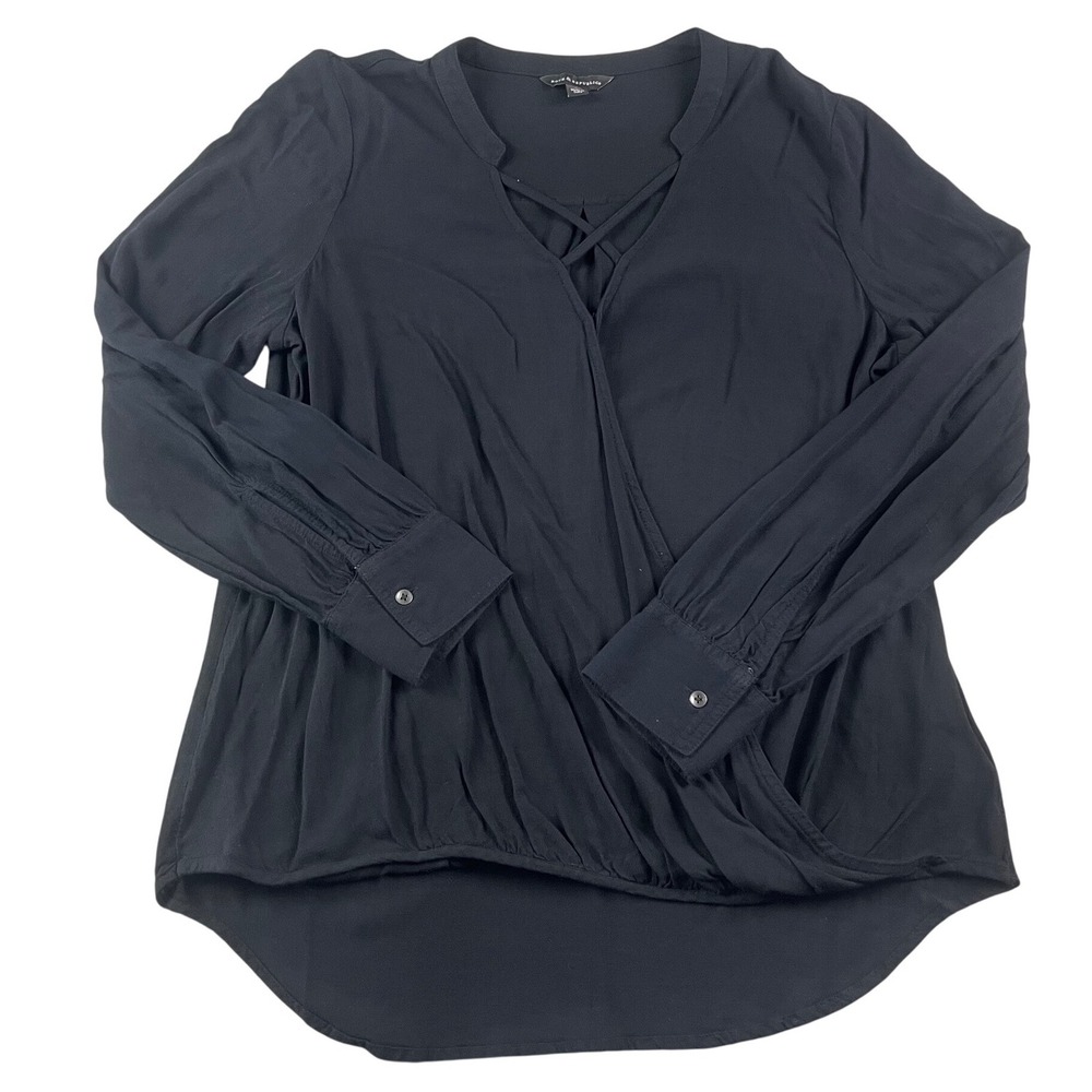 Rock & Republic Womens Large Surplice Lattice Neck Wrap Blouse Mineral Black